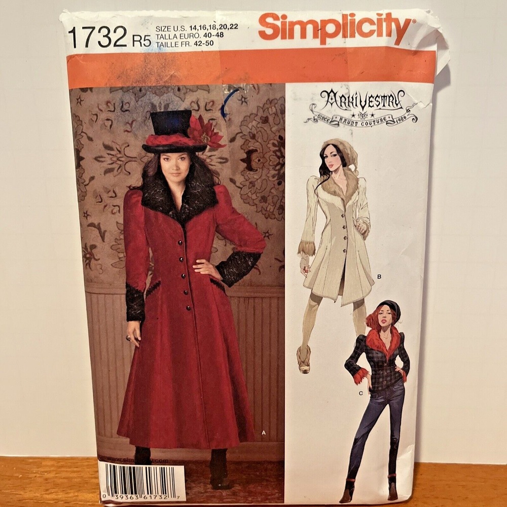 Simplicity 1732 Costume Pattern Arkivestry Steampunk Style Coat Jacket Sz 14-22